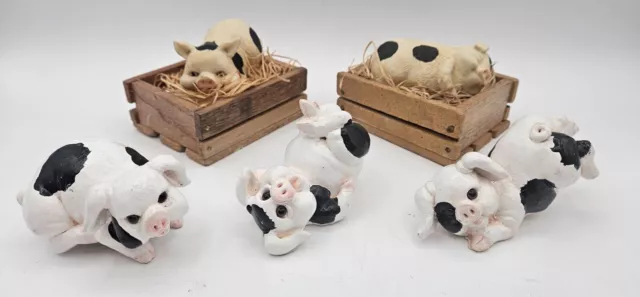 Lot of 5 Black & White Pig Piglet Decorative Figurines Resin Ceramic