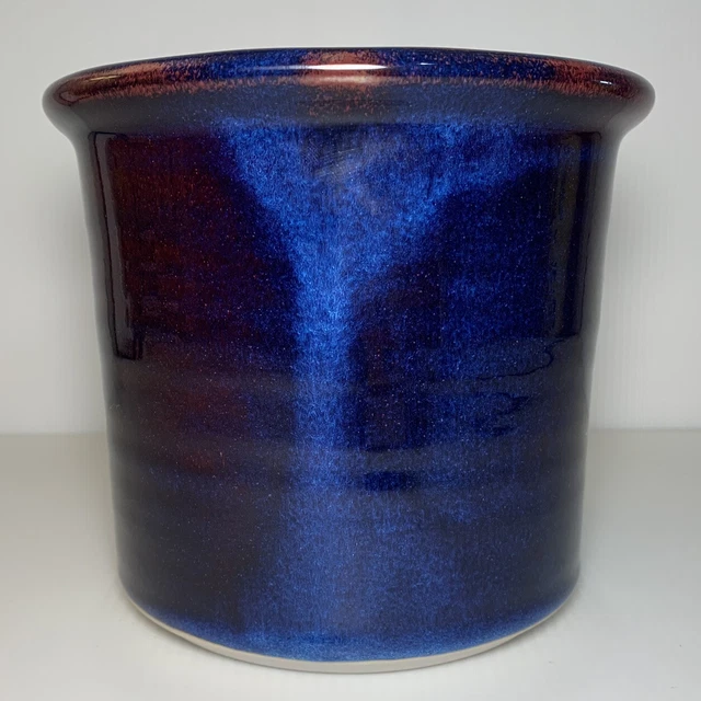 Studio Art Pottery Cobalt & Fuschia Glaze Wheel Thrown Utensil Crock 6.5" Signed