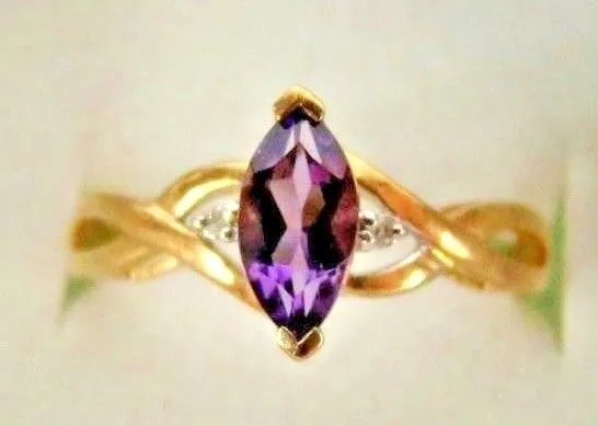 10K Solid Yello Gold Marquise AMETHYST Diamond Birthstone Engagement Ladies Ring