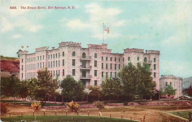 Hot Springs South Dakota~The Evans Hotel~Castle Turrets~Stone Wall~1909 Postcard