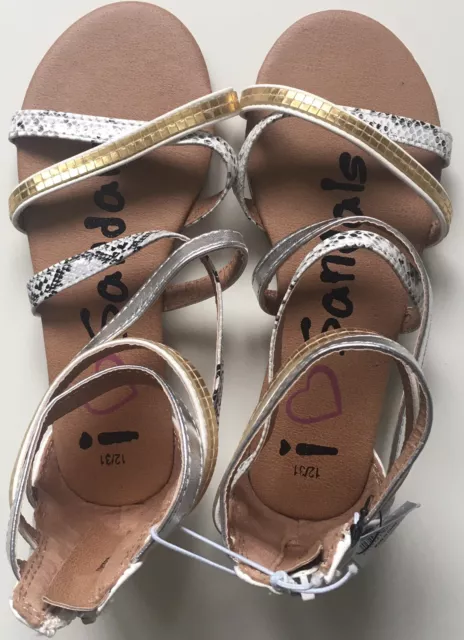 BNWT Girls Strappy Summer Cool Sandals Silver Gold Skin Animal Print size 12/31