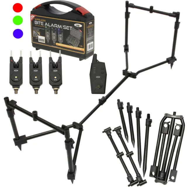 Rod Pod Carp Fishing 3 Rod NGT AND Wireless Bite Alarm Set and Receiver