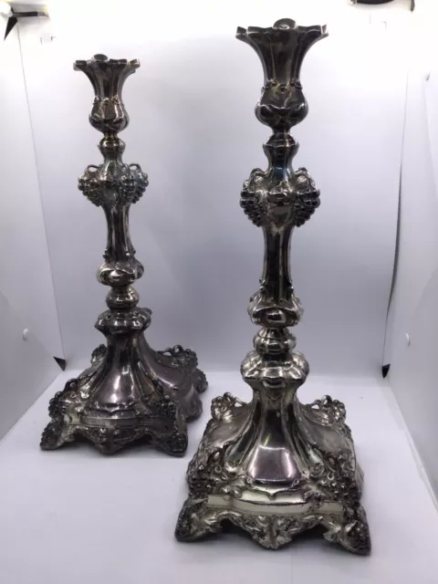 1 Pair Of Silver Plate -Very Old Elegant Looking Candle Sticks - 14” Tall (I876) 2