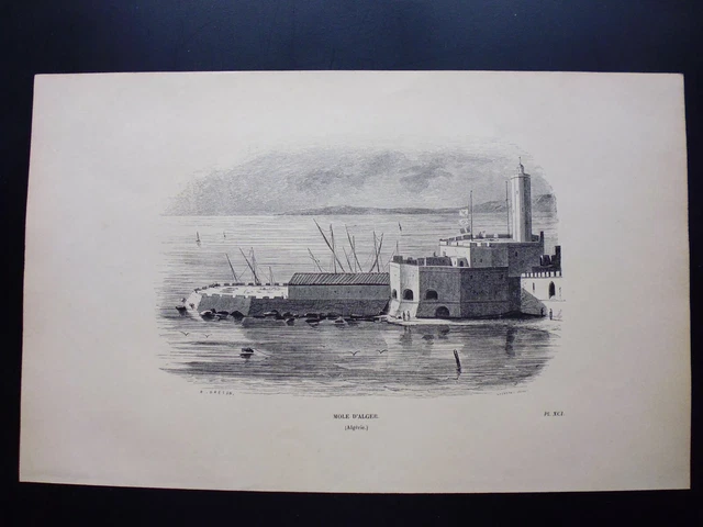 Gravure noir et blanc  19°: Algérie:  : Môle d'Alger