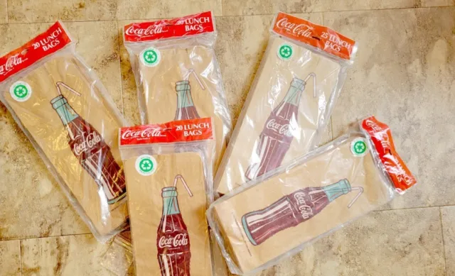 5 Pkgs. Coca-Cola Brown Paper Lunch Bags  -Never Used Bags 1991-100 Bags Total