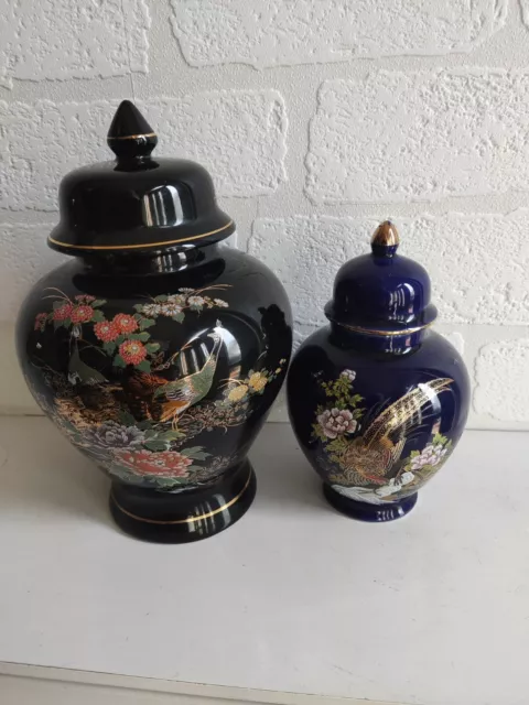 2 Chinese/Japanese Temple Jars Peacocks Black/Blue Bk 8.5"H/ Blue 6.2"H