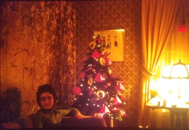 1970s Woman Sitting in Front of Christmas Tree Crazy Wallpaper 35mm Slide Photo