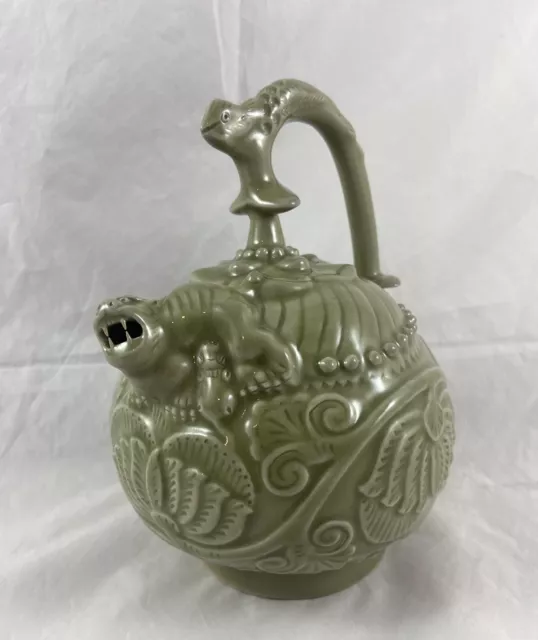 Antique Chinese Northern Song Yaozhou Celadon Reverse Flow Incised Ewer Teapot