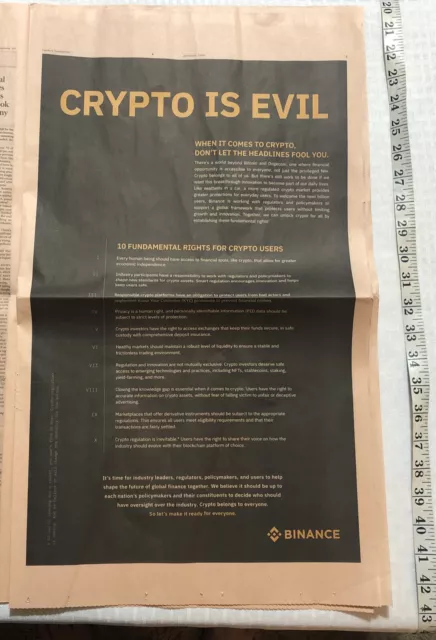 Binance Rights Crypto Is Evil Advertisement Financial Times 11/16/2021 Newspaper