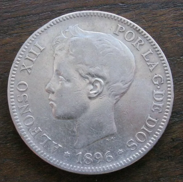 Alfonso XIII, 5 Pesetas Of 1896 Star 96. Silver