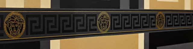 Versace Designer Wallpaper Greek Key Luxury Border Black Gold Satin Modern