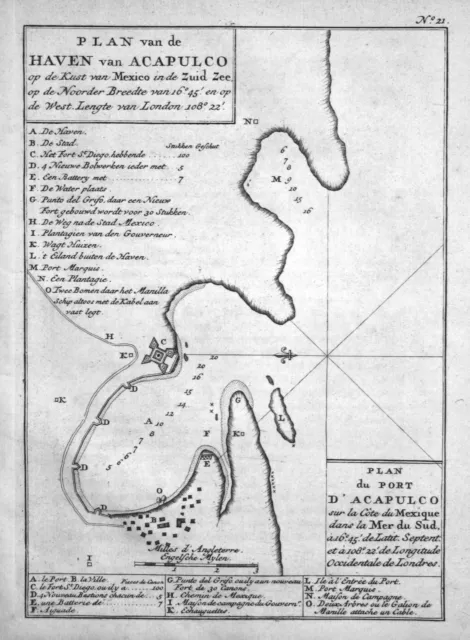 1749 Acapulco de Juarez Mexico Karte map Kupferstich antique print Anson