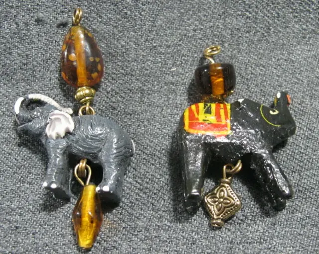 Vintage glass beads wooden + other plastic painted elephant pendants dangles