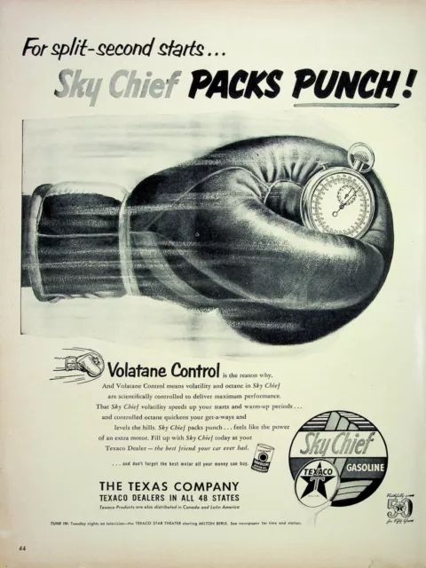 Texaco Sky Chief Gasoline Boxing Glove Stopwatch Vintage Print Ad 1952