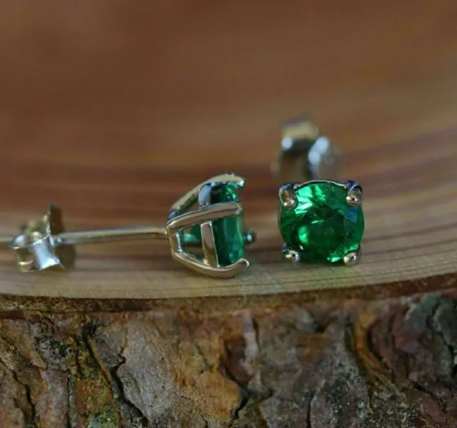 2CT ROUND CUT Natural Emerald Stud Women's Gift Earrings 14k Real White ...