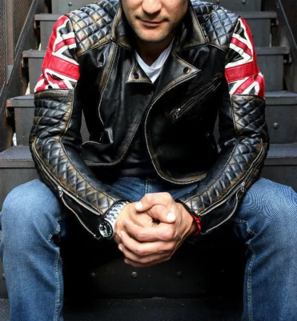 Mens Biker Quilted Vintage Motorcycle Distressed Brown Cafe Racer Leather Jacket