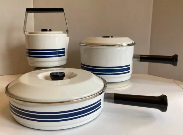 VTG CATHERINE HOLM MCM Enamelware 2 Saucepans 1 Teapot White Navy Blue Stripes