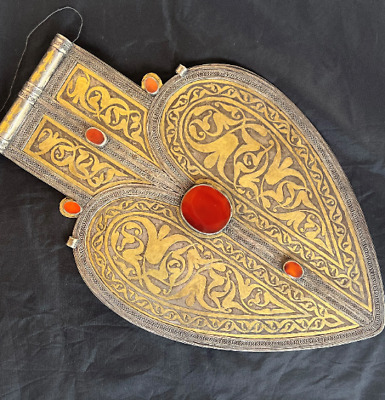 Vintage Asyk Pendant, Turkmen Silver Large Carnelian Stone Heart Shape Pendant,