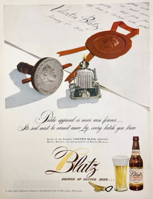 1947 BLATZ PILSNER Beer Milwaukee WI MCM Bar Art Wall Decor Vintage ...