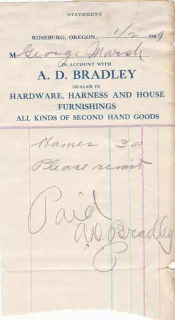 U.S. A. D. Bradley Roseburg 1909 House Furnishings Harness Paid Invoice Rf 41902