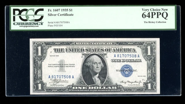 DBR 1935 $1 Silver Fr. 1607 AA Block PCGS 64 PPQ Serial A81707508A