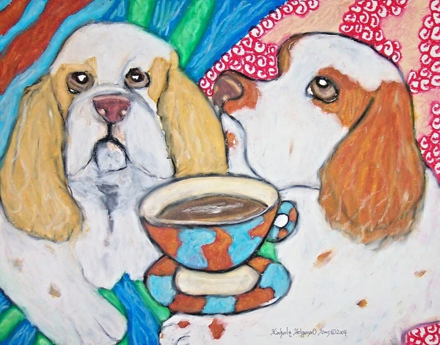 CLUMBER SPANIEL Drinking Coffee ACEO Art Print 2.5 x 3.5 Signed by Artist KSams