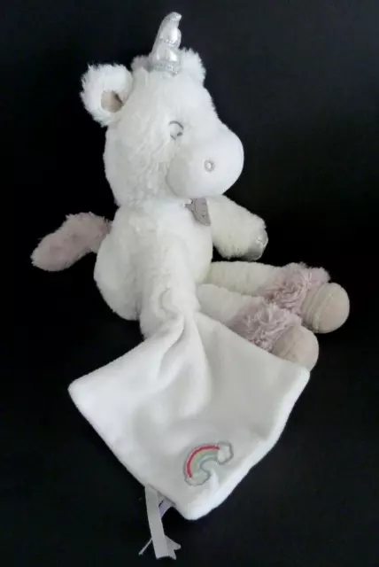 94. DOUDOU PELUCHE BABY NAT LICORNE Mouchoir blanc gris beige arc en ciel 31cTBE