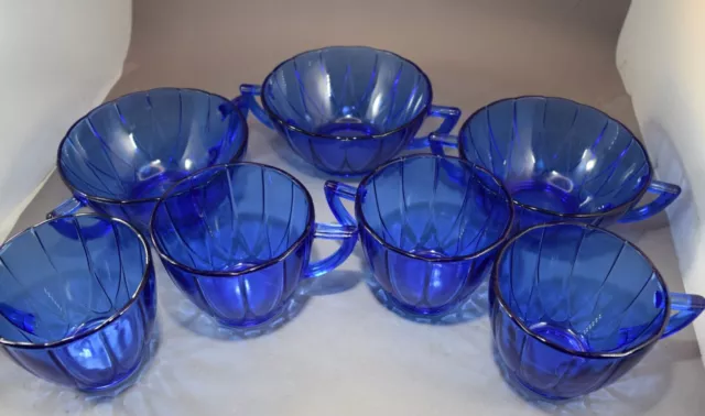 4 Cups & 3 Cream Soup Bowls Lot Cobalt Blue Hazel Atlas Newport Hairpin Glass