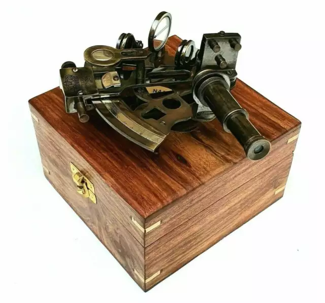 Handmade Brass Nautical Antique Finish Marine Sextant W/Brown Wooden Box Gift