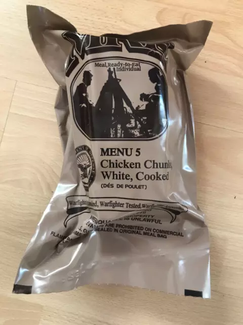 US ARMY MRE MEAL READY TO EAT TAGESRATION MENU 5 Chicken Chunks, White, Cooked