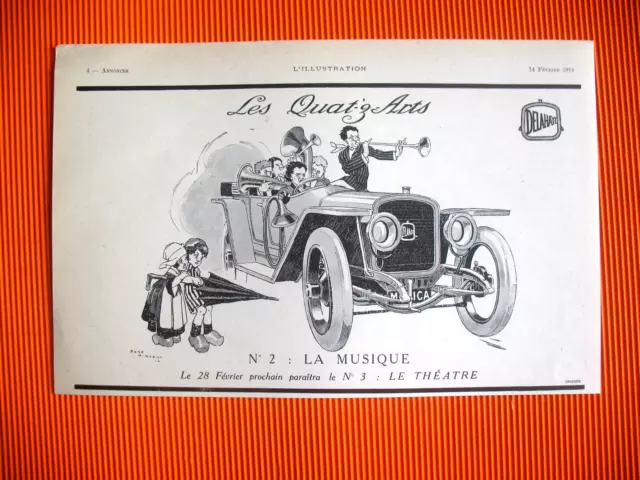 PUBLICITE DE PRESSE DELAHAYE AUTO LA MUSIQUE ILLUSTRATION RENé VINCENT AD 1914
