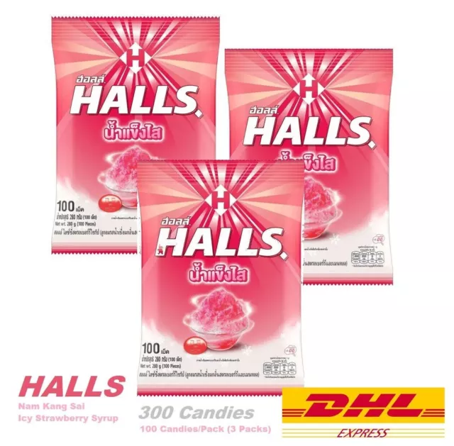 300 Candies HALLS Nam Kang Sai Icy Strawberry Syrup Flavor Candy 280g (3 Packs)