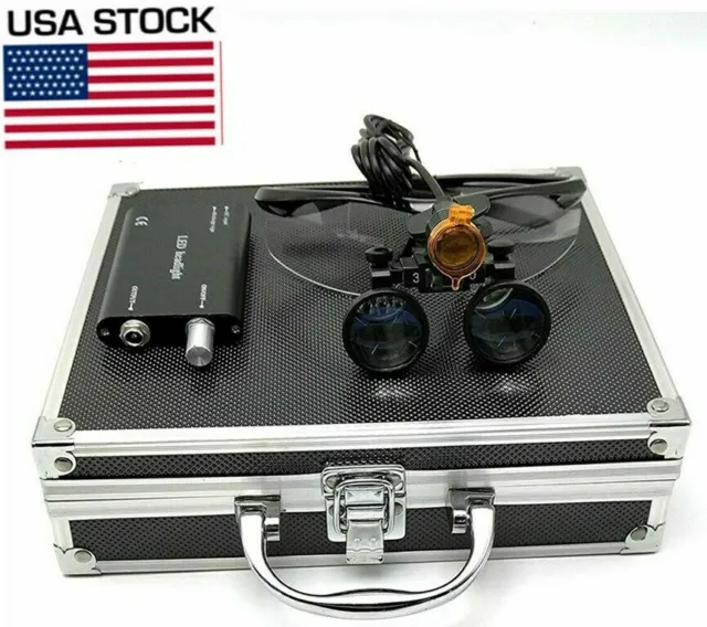 Dental 3.5X Binocular Loupes + 3W LED Head Light w/ Filter + Aluminum Box Black