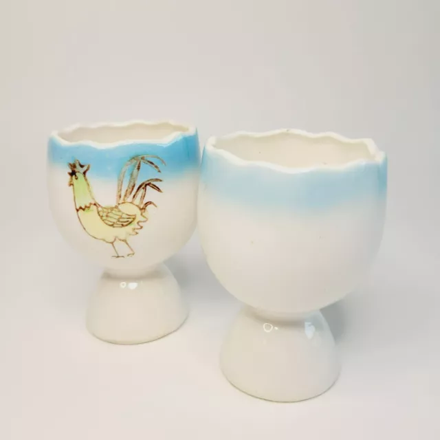 Large Rooster Egg Cups (2), Made in Japan, w/ Blue/Green/Yellow Chicken Design 2