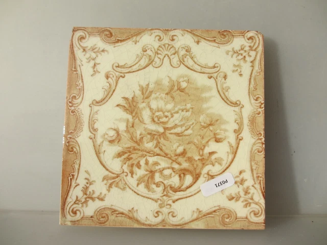 Antique Ceramic Tile Vintage Floral Flower Gilt Leaf Art Nouveau Flowers Old