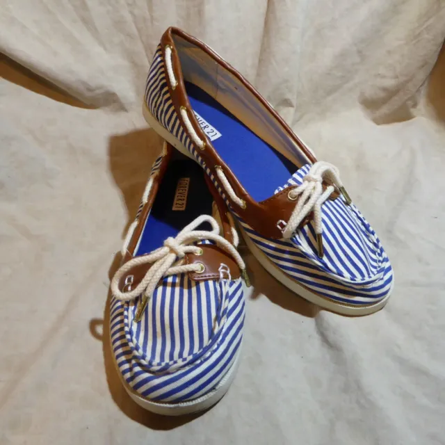 🥿 Forever 21 Boat Shoes sz 10 M Blue & White Stripe; Cognac Brown Trim