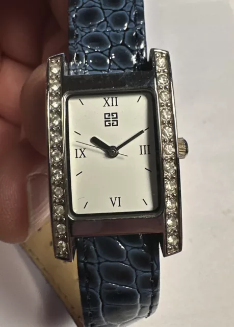 Givenchy Parfums Rhinestones Women's Watch Silver Tone Black/blue  Band-New Batt