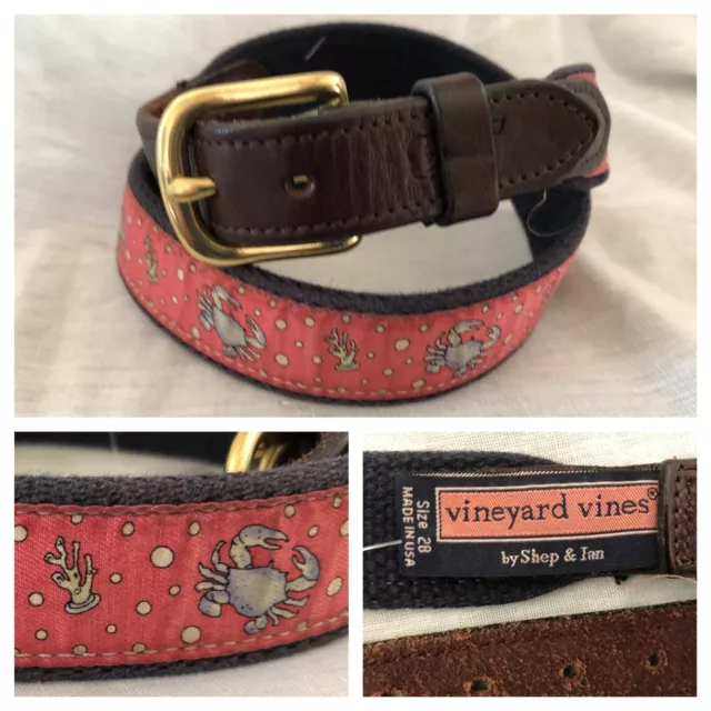 Vineyard Vines Belt Sz 28 Coral Crab Ribbon Leather 1.25" Pink Blue Made in USA