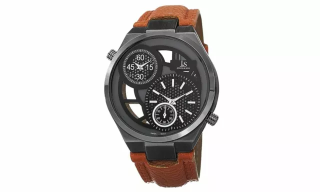 NEW Joshua & Sons JS76TN Mens Swiss Quartz Dual Time Black/Tan Leather Watch 10M