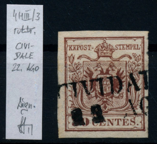 LOMBARDEI-VENETIEN 1850 30C, rotbraun, CIVIDALE. STRAKOSCH BETSIMMUNG UND SIGNUM