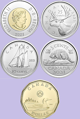 Set of Five 2021 Canadian Coins. Mint UNC Canada Toon $2 Loonie $1, 25c 10c 5c