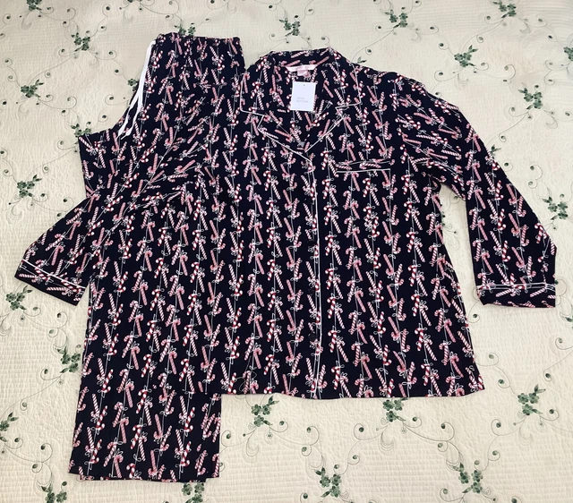 Womens Rare Vtg Nwot Size L "Victoria's Secret" Black Flannel Candy Cane Pajamas