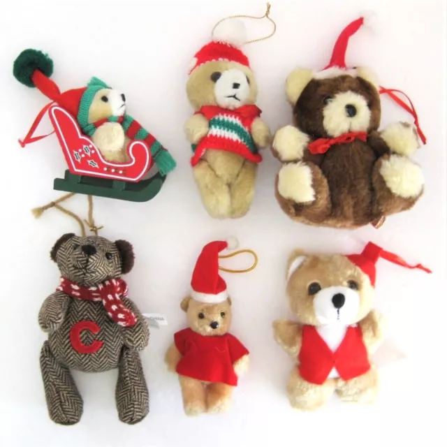 6 Plush Bear Christmas Ornaments Santa Hats Sled Vintage