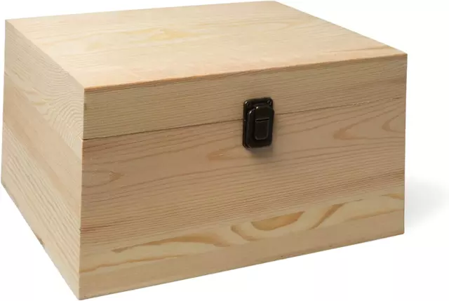 (1-Pack) 10.8X7X8X5.7-Inch Large Unfinished Wooden Box with Hinged Lid & Front C