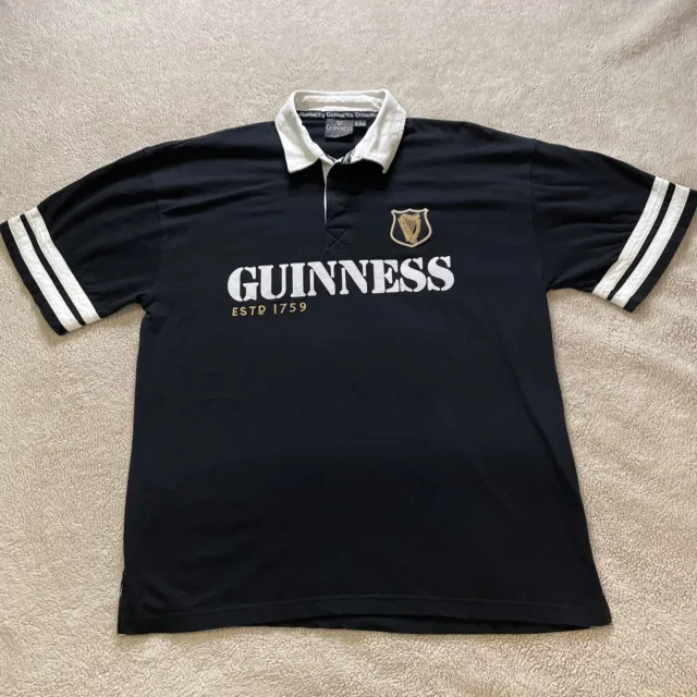 Guinness Polo Shirt Mens XL Black Short Sleeve White Collar Harp Logo Official