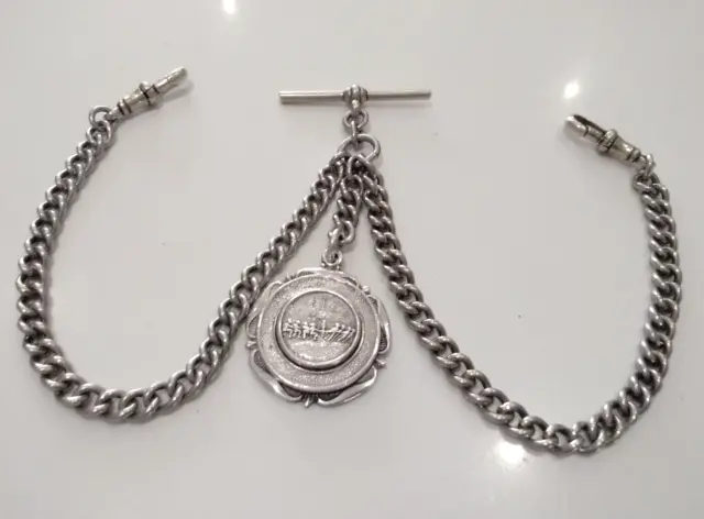 VINTAGE DOUBLE ALBERT Pocket Watch Chain Curb T-Bar & Dog Clips & Fob ...
