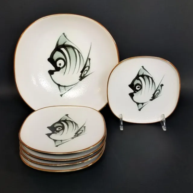 SUSHI DISH SET + 1 BOWL Set of 5 ANGEL FISH Plates Hand Painted Appetizer Dishes
