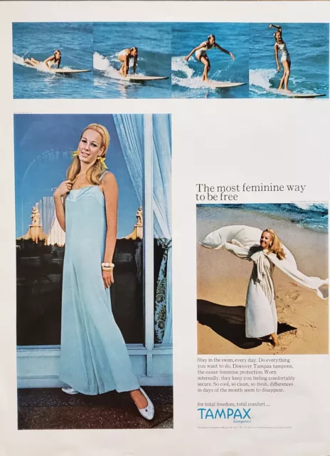 1967 Tampax Tampons Woman Long Blue Flowing Dress Beach Surfing Print Ad