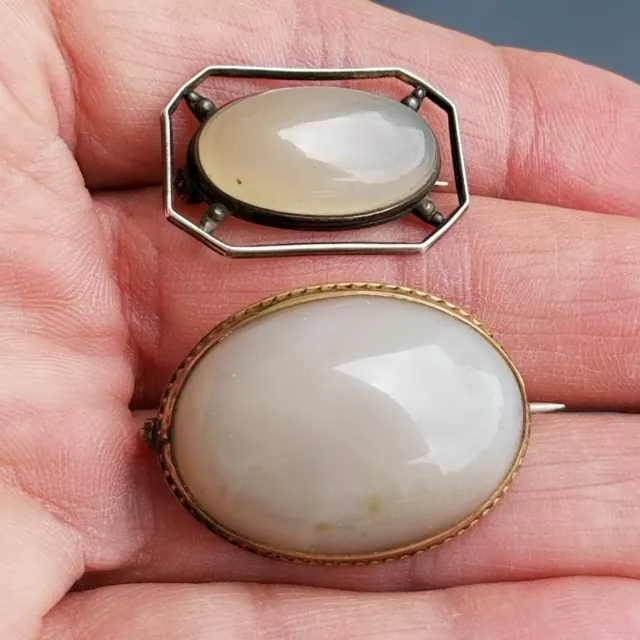 Antique Victorian Sterling Silver Moonstone Gold Fill Chalcedony Pin 2 Brooches