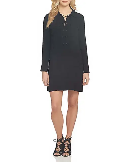 1.STATE Women's Lace-Up Classic Long Sleeve Shirtdress